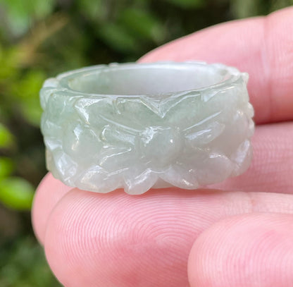 Natural Burmese Jadeite Jade Ring – Icy Apple Green & Milky White – Floral Motif – Wide Thumb/Band Style – JRN040