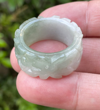 Natural Burmese Jadeite Jade Ring – Icy Apple Green & Milky White – Floral Motif – Wide Thumb/Band Style – JRN040