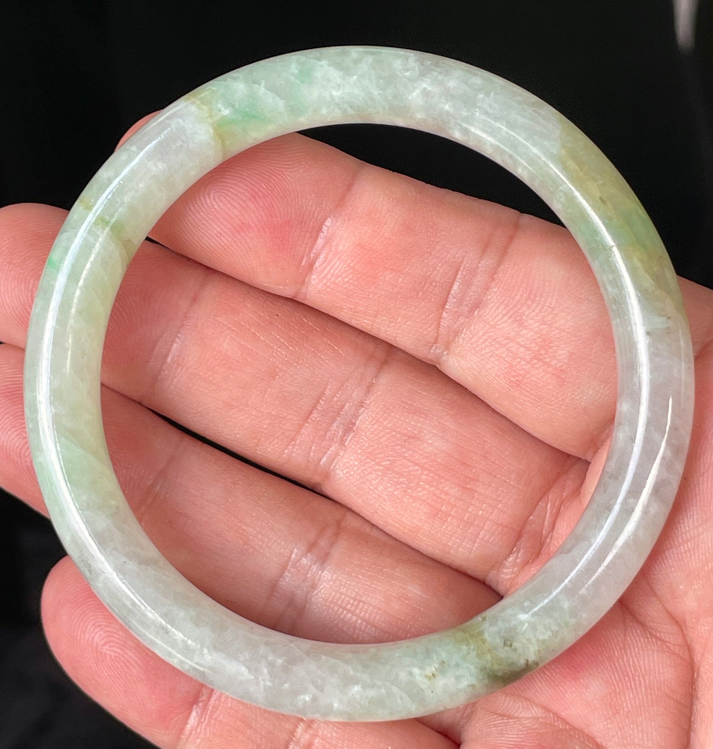 Natural Burmese Jadeite Jade Bangle – Icy Clear & Milky White with Apple & Imperial Green Hues – Princess Cut – 58.4mm – JB245