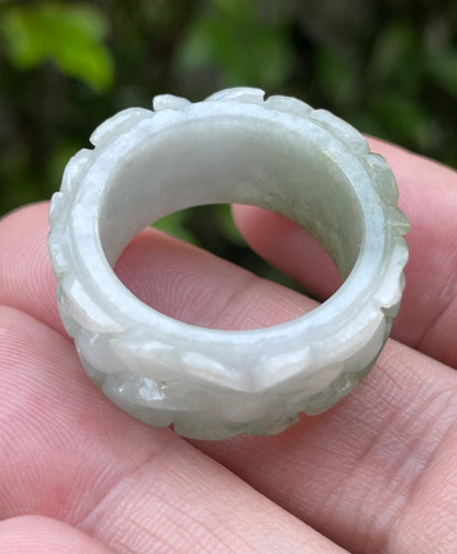 Natural Burmese Jadeite Jade Ring – Icy Apple Green & Milky White – Floral Motif – Wide Thumb/Band Style – JRN040