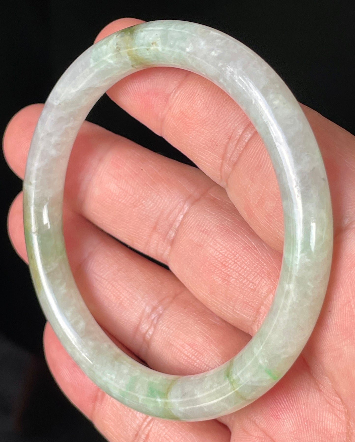 Natural Burmese Jadeite Jade Bangle – Icy Clear & Milky White with Apple & Imperial Green Hues – Princess Cut – 58.4mm – JB245