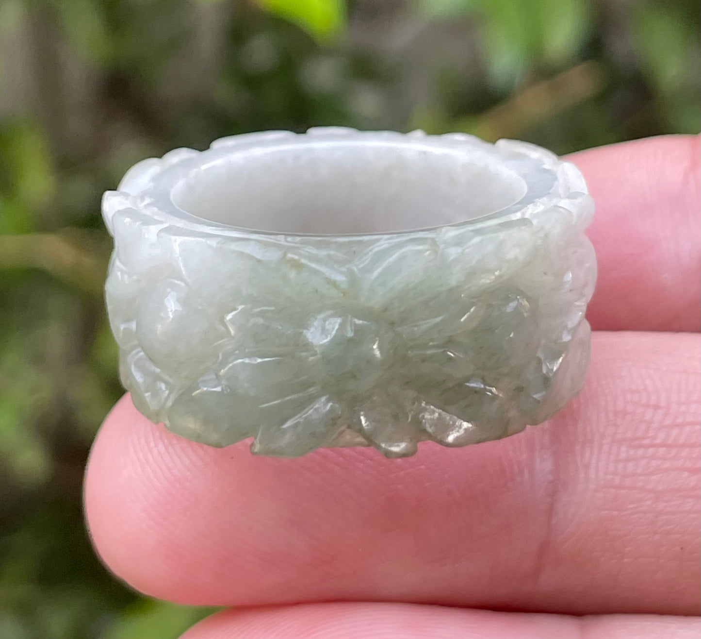 Natural Burmese Jadeite Jade Ring – Icy Apple Green & Milky White – Floral Motif – Wide Thumb/Band Style – JRN040