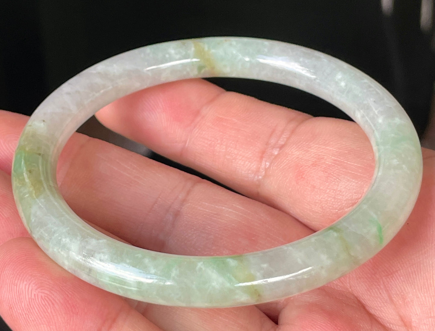 Natural Burmese Jadeite Jade Bangle – Icy Clear & Milky White with Apple & Imperial Green Hues – Princess Cut – 58.4mm – JB245