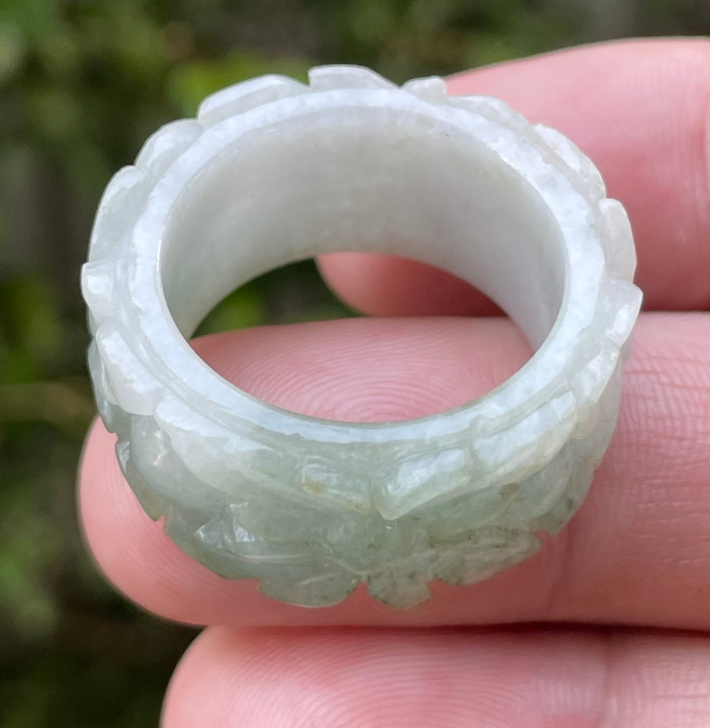 Natural Burmese Jadeite Jade Ring – Icy Apple Green & Milky White – Floral Motif – Wide Thumb/Band Style – JRN040