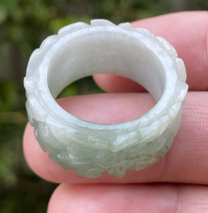 Natural Burmese Jadeite Jade Ring – Icy Apple Green & Milky White – Floral Motif – Wide Thumb/Band Style – JRN040