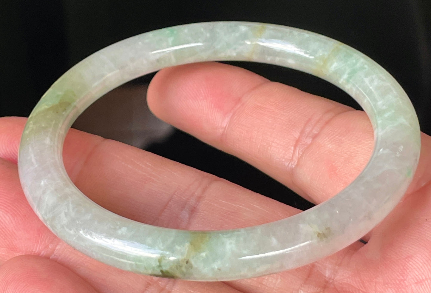 Natural Burmese Jadeite Jade Bangle – Icy Clear & Milky White with Apple & Imperial Green Hues – Princess Cut – 58.4mm – JB245