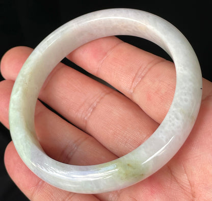 Natural Burmese Jadeite Jade Bangle – Icy Milky White with Apple Green Hues – 58.9mm – JB235