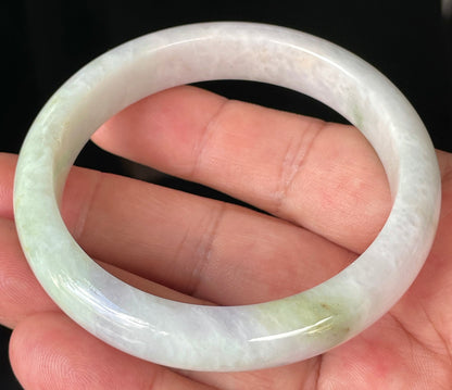 Natural Burmese Jadeite Jade Bangle – Icy Milky White with Apple Green Hues – 58.9mm – JB235