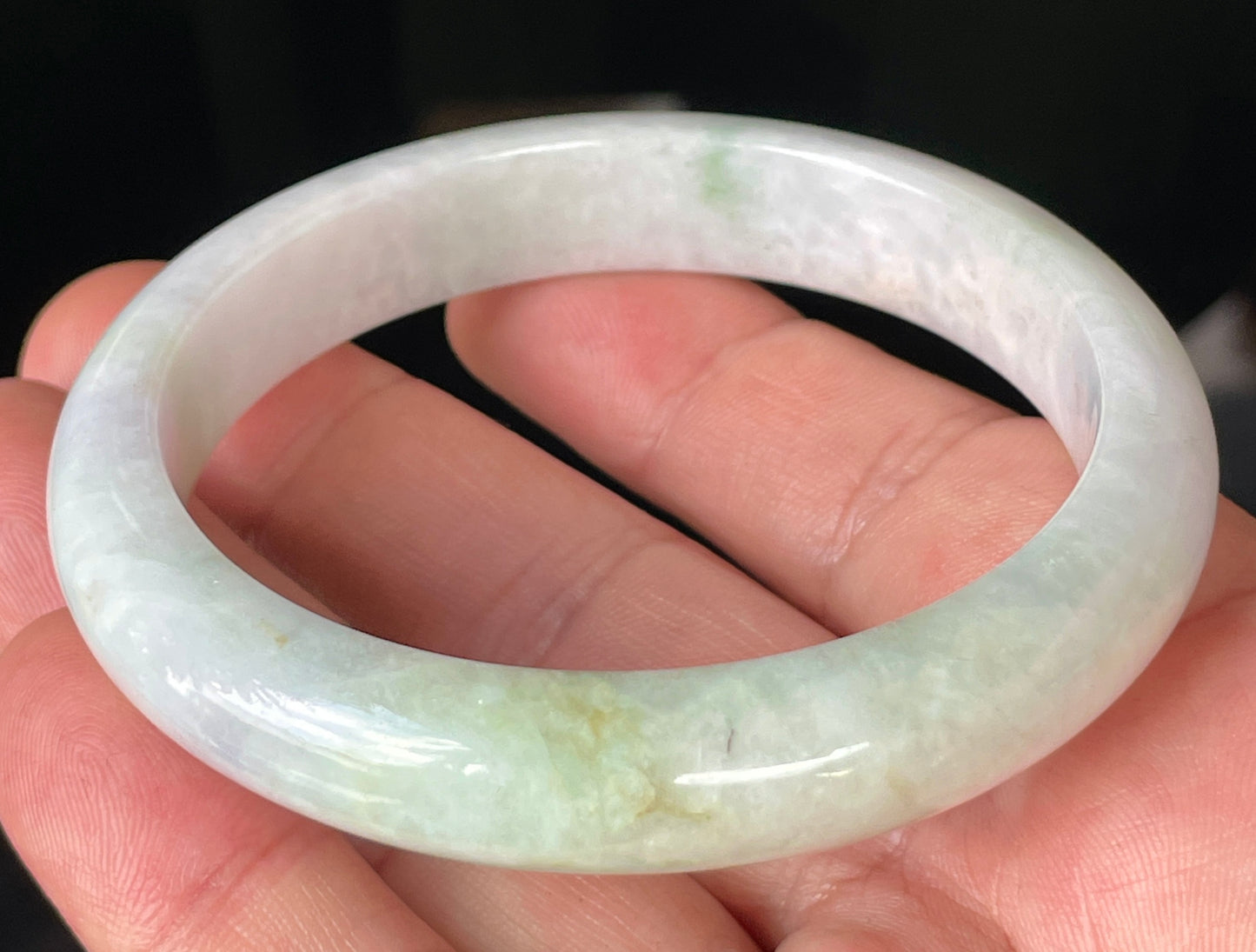 Natural Burmese Jadeite Jade Bangle – Icy Milky White with Apple Green Hues – 58.9mm – JB235