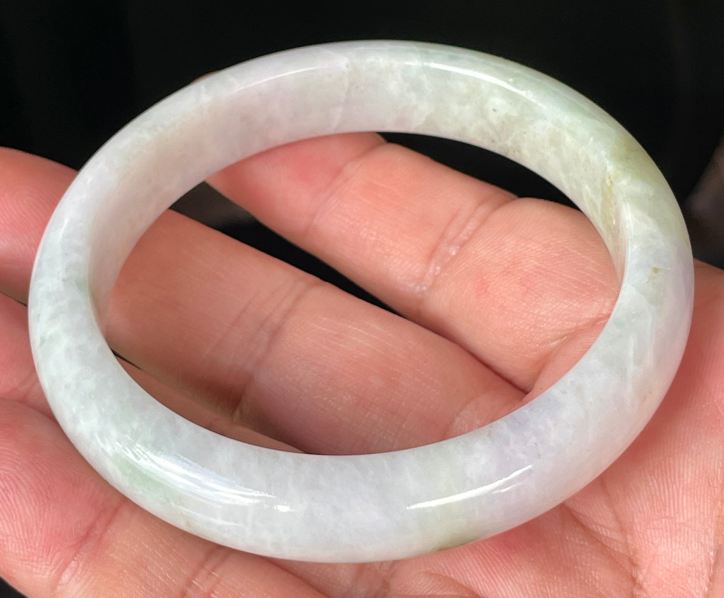 Natural Burmese Jadeite Jade Bangle – Icy Milky White with Apple Green Hues – 58.9mm – JB235