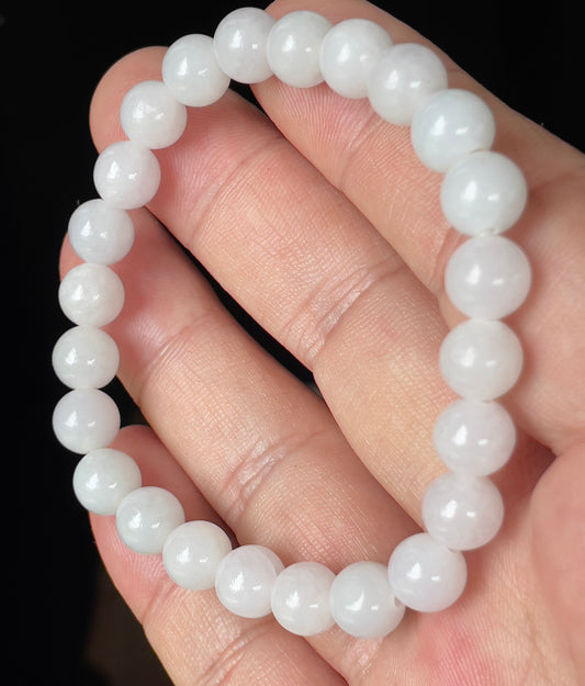 Natural Burmese Jadeite Jade Beaded Bracelet – Icy Milky White & Light Lavender – 8.2mm – JBB145