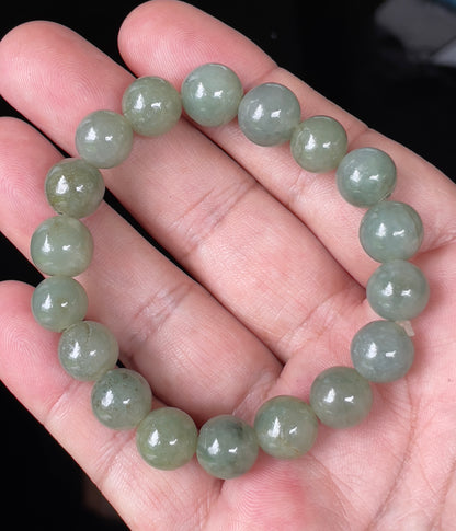 Natural Burmese Jadeite Jade Beaded Bracelet – Icy Apple Green – Hand-Shaped Round Beads – 10.3mm – JBB132