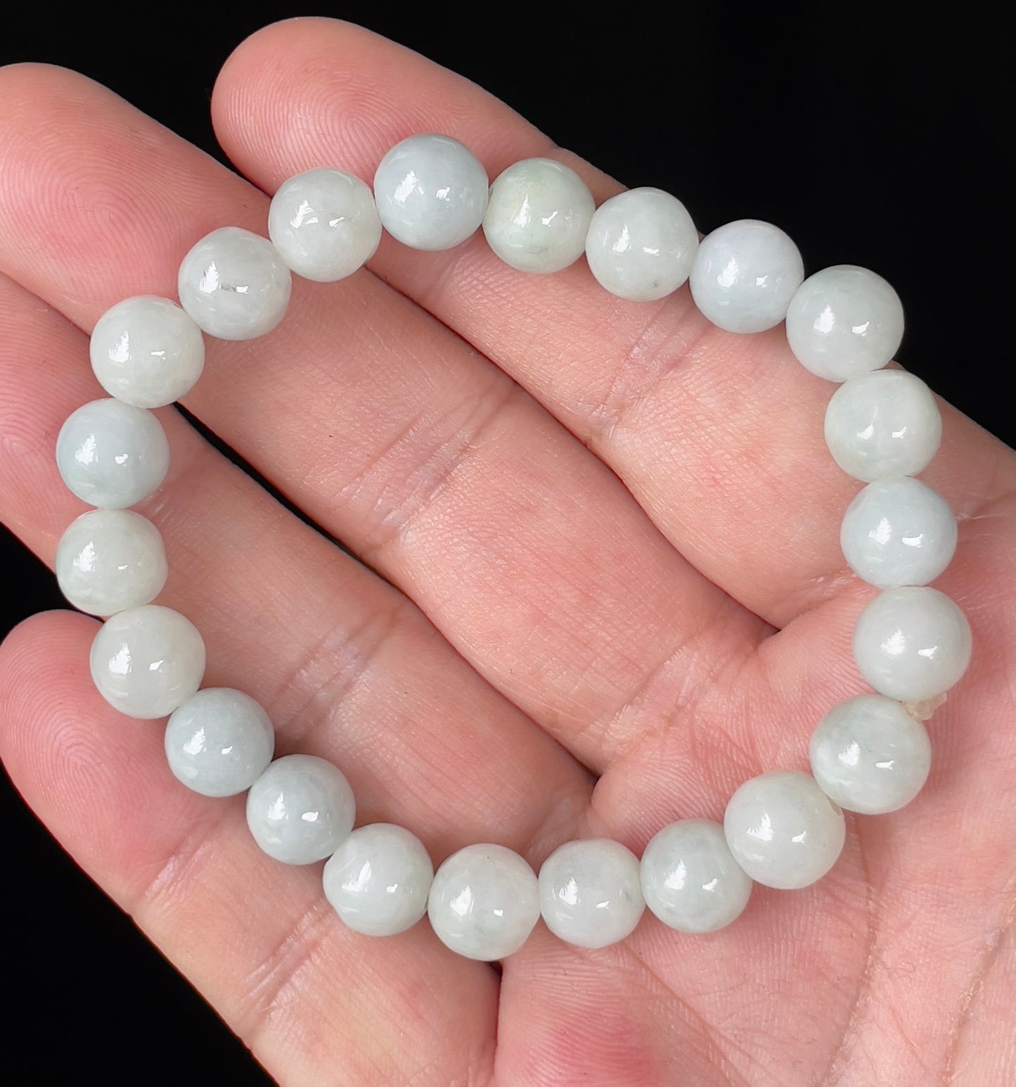 Natural Burmese Jadeite Jade Beaded Bracelet – Icy Apple Green & Milky White – Hand-Shaped Round Beads – 9.7mm – JBB134