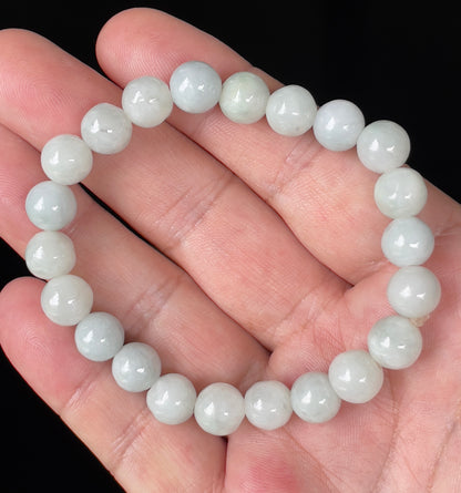 Natural Burmese Jadeite Jade Beaded Bracelet – Icy Apple Green & Milky White – Hand-Shaped Round Beads – 9.7mm – JBB134