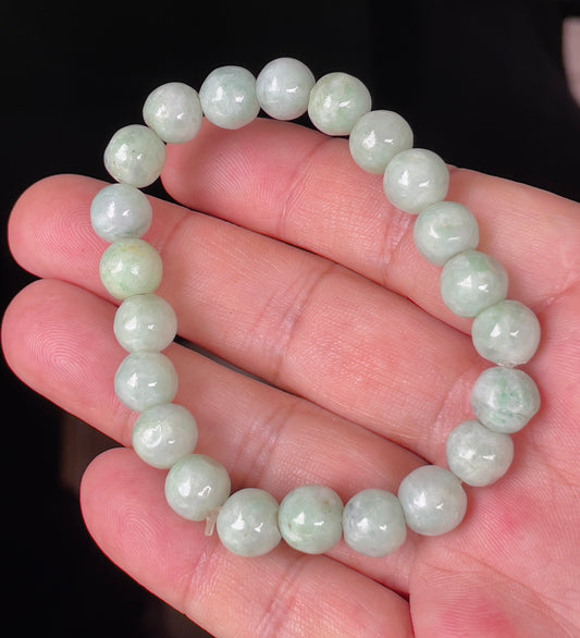 Natural Burmese Jadeite Jade Beaded Bracelet – Icy Apple Green & Milky White – Hand-Shaped Round Beads – 9.5mm – JBB135