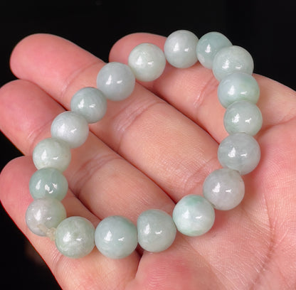 Natural Burmese Jadeite Jade Beaded Bracelet – Bluish Apple Green – Hand-Shaped Round Beads – 10.5mm – JBB136