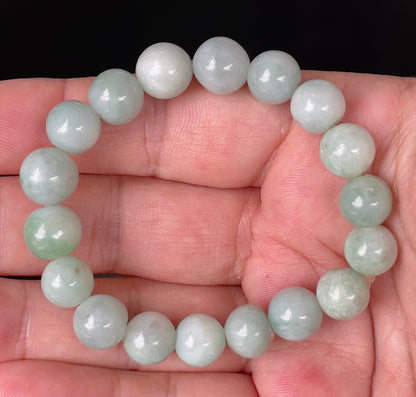 Natural Burmese Jadeite Jade Beaded Bracelet – Bluish Apple Green – Hand-Shaped Round Beads – 10.5mm – JBB136