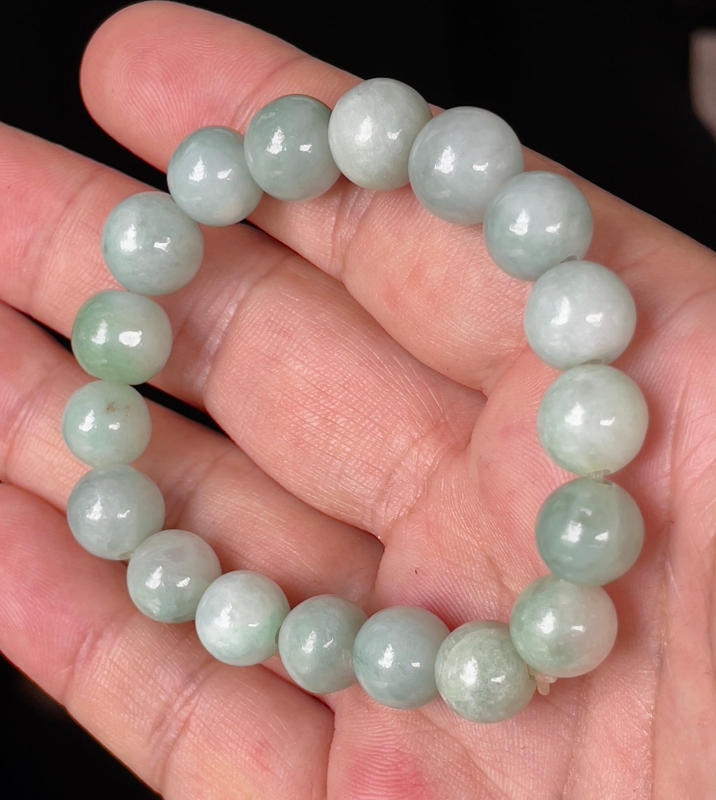Natural Burmese Jadeite Jade Beaded Bracelet – Bluish Apple Green – Hand-Shaped Round Beads – 10.5mm – JBB136