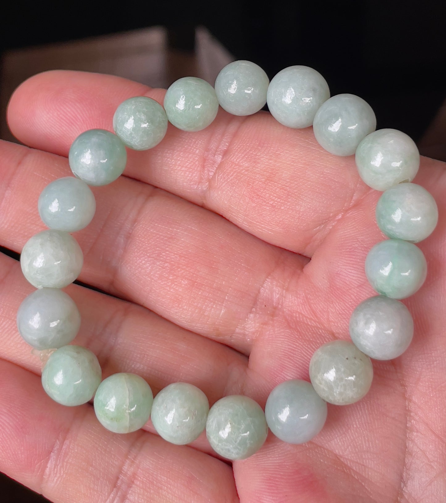 Natural Burmese Jadeite Jade Beaded Bracelet – Icy Bluish Apple Green – Hand-Shaped Round Beads – 10.5mm – JBB137