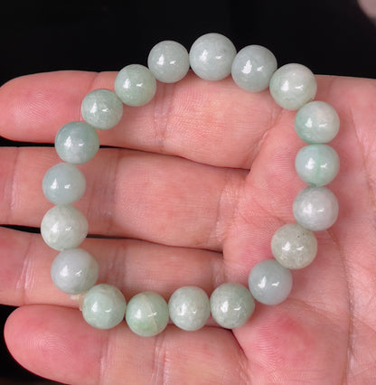 Natural Burmese Jadeite Jade Beaded Bracelet – Icy Bluish Apple Green – Hand-Shaped Round Beads – 10.5mm – JBB137