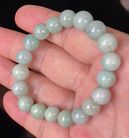 Natural Burmese Jadeite Jade Beaded Bracelet – Icy Bluish Apple Green – Hand-Shaped Round Beads – 10.5mm – JBB137