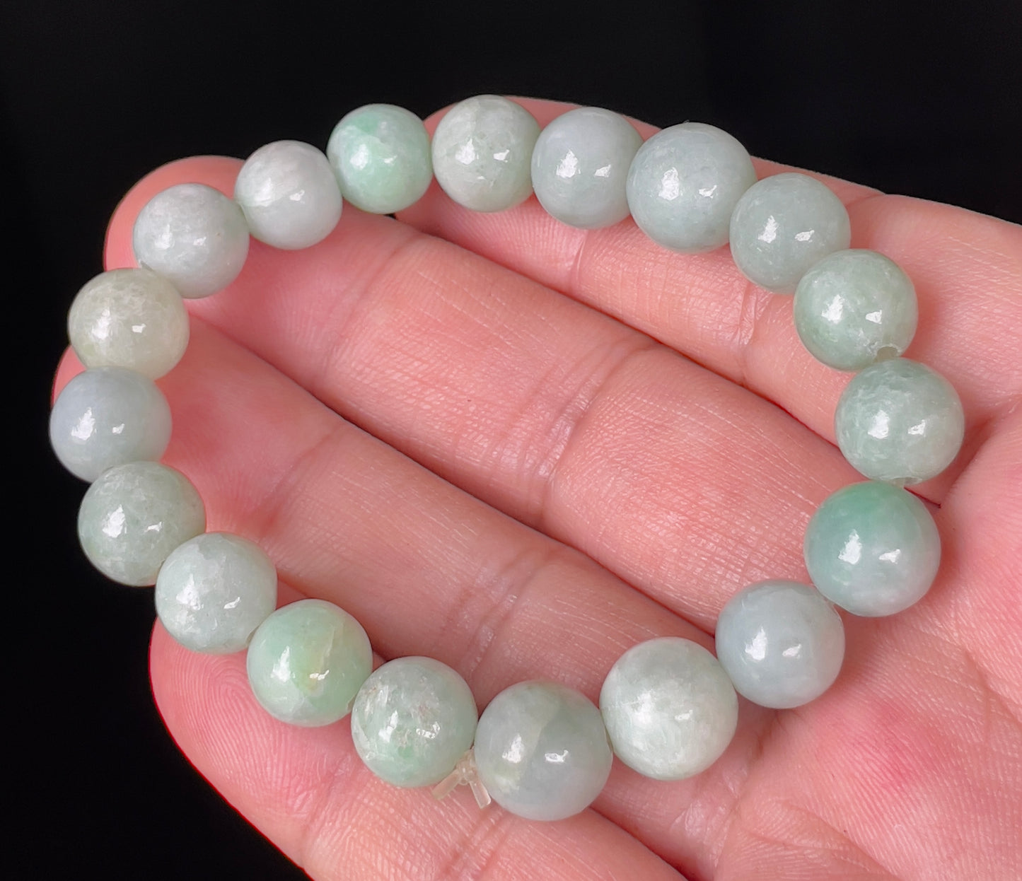 Natural Burmese Jadeite Jade Beaded Bracelet – Icy Bluish Apple Green – Hand-Shaped Round Beads – 10.5mm – JBB137