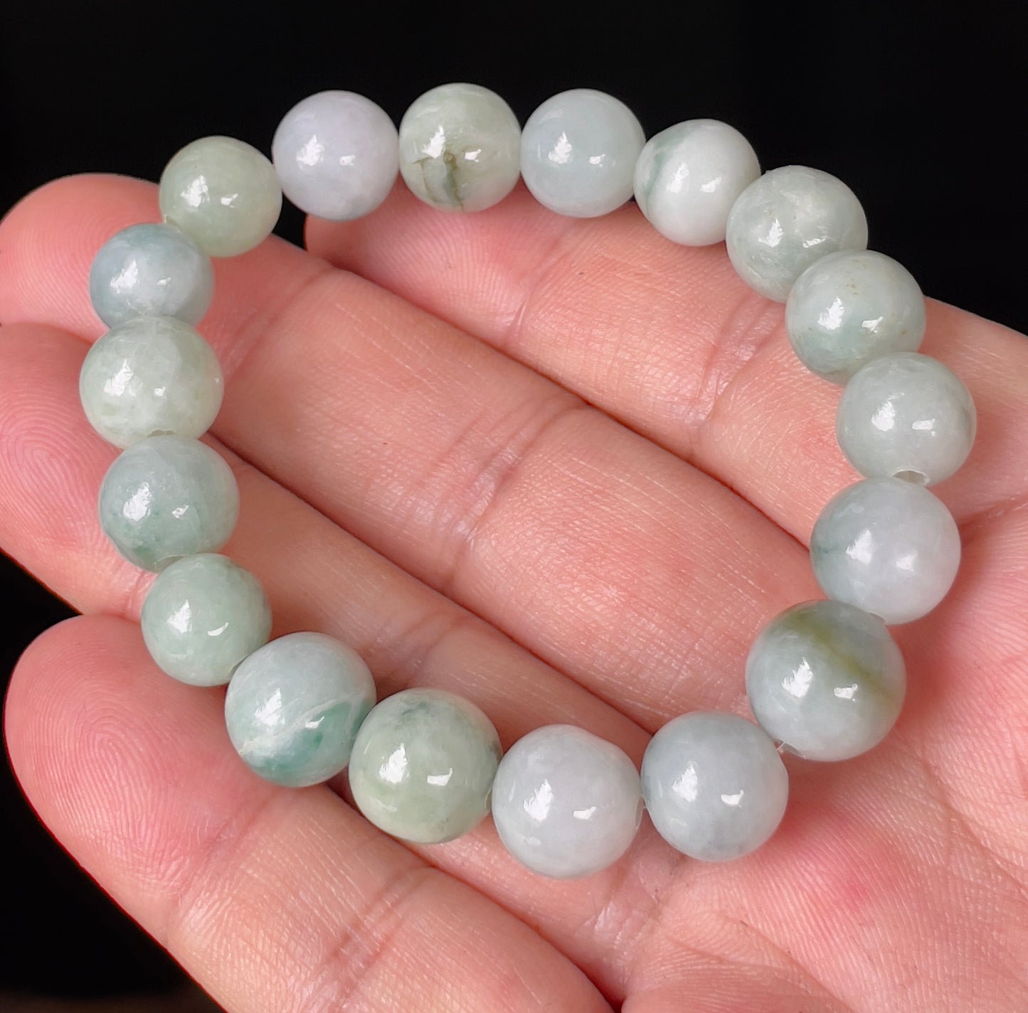 Natural Burmese Jadeite Jade Beaded Bracelet – Imperial Green, Apple Green & Milky White – Hand-Shaped Round Beads – 10.6mm – JBB143