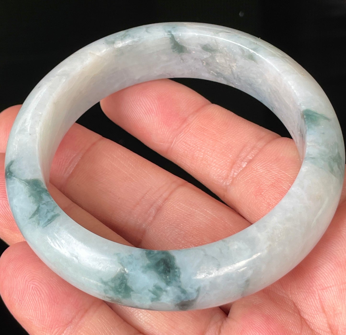 Natural Certified Burmese Jadeite Jade Bangle – Icy Milky White with Imperial & Apple Green – 58mm – JB084