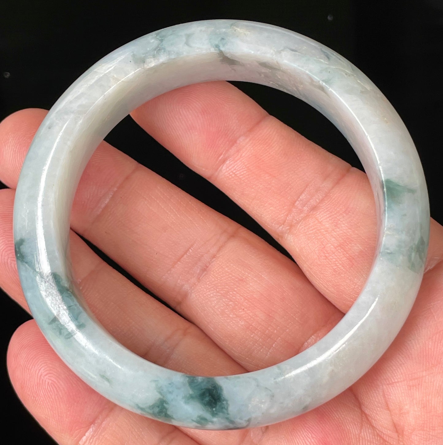 Natural Certified Burmese Jadeite Jade Bangle – Icy Milky White with Imperial & Apple Green – 58mm – JB084