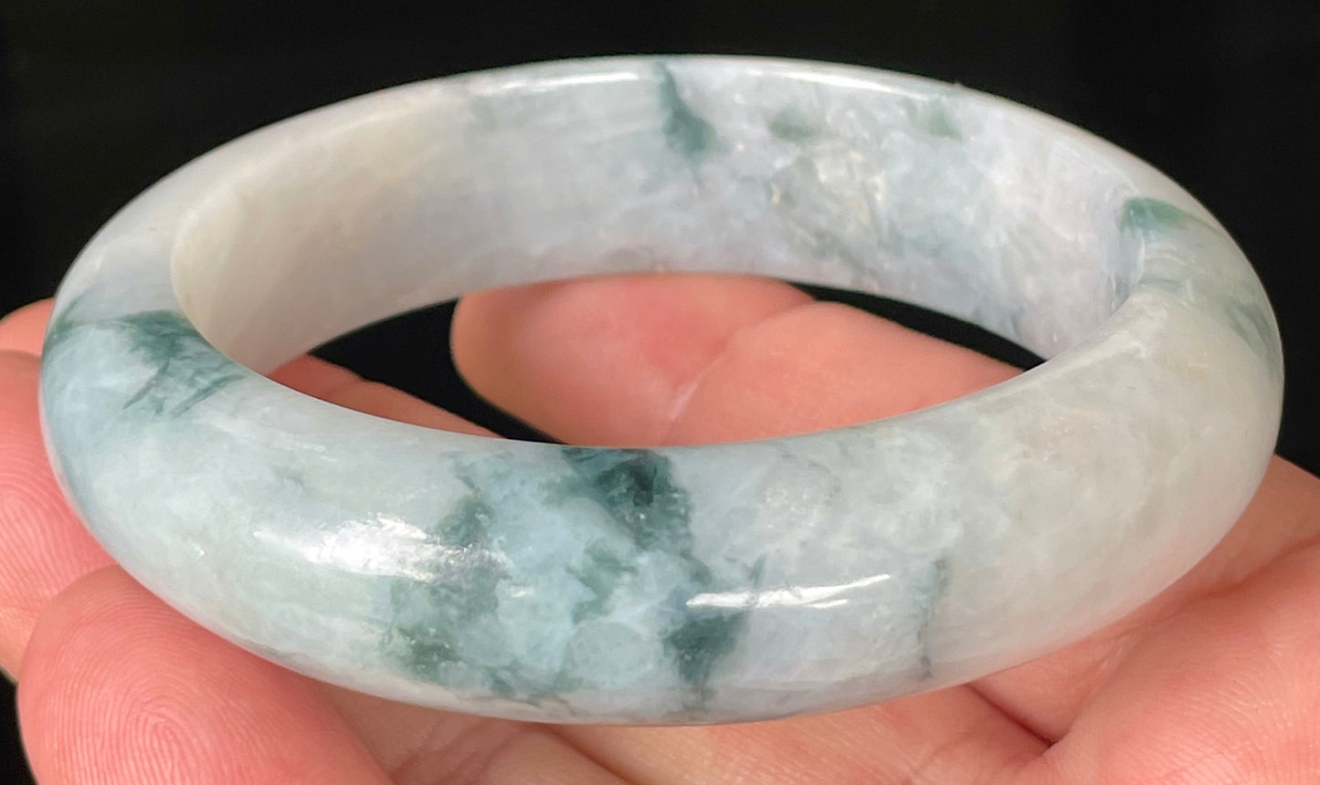 Natural Certified Burmese Jadeite Jade Bangle – Icy Milky White with Imperial & Apple Green – 58mm – JB084