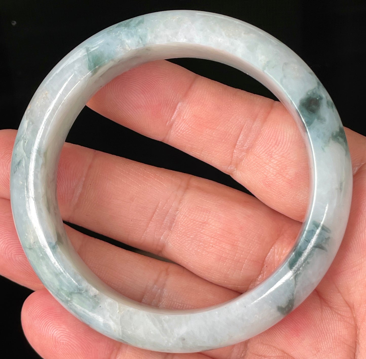 Natural Certified Burmese Jadeite Jade Bangle – Icy Milky White with Imperial & Apple Green – 58mm – JB084