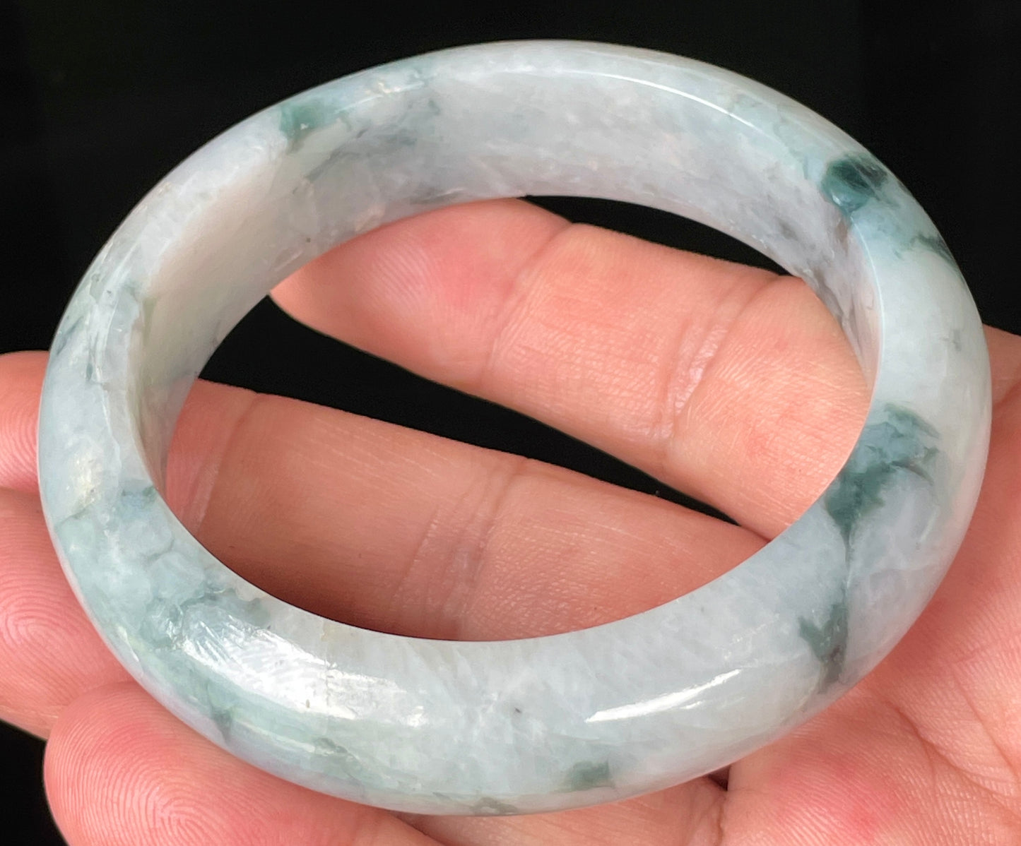 Natural Certified Burmese Jadeite Jade Bangle – Icy Milky White with Imperial & Apple Green – 58mm – JB084