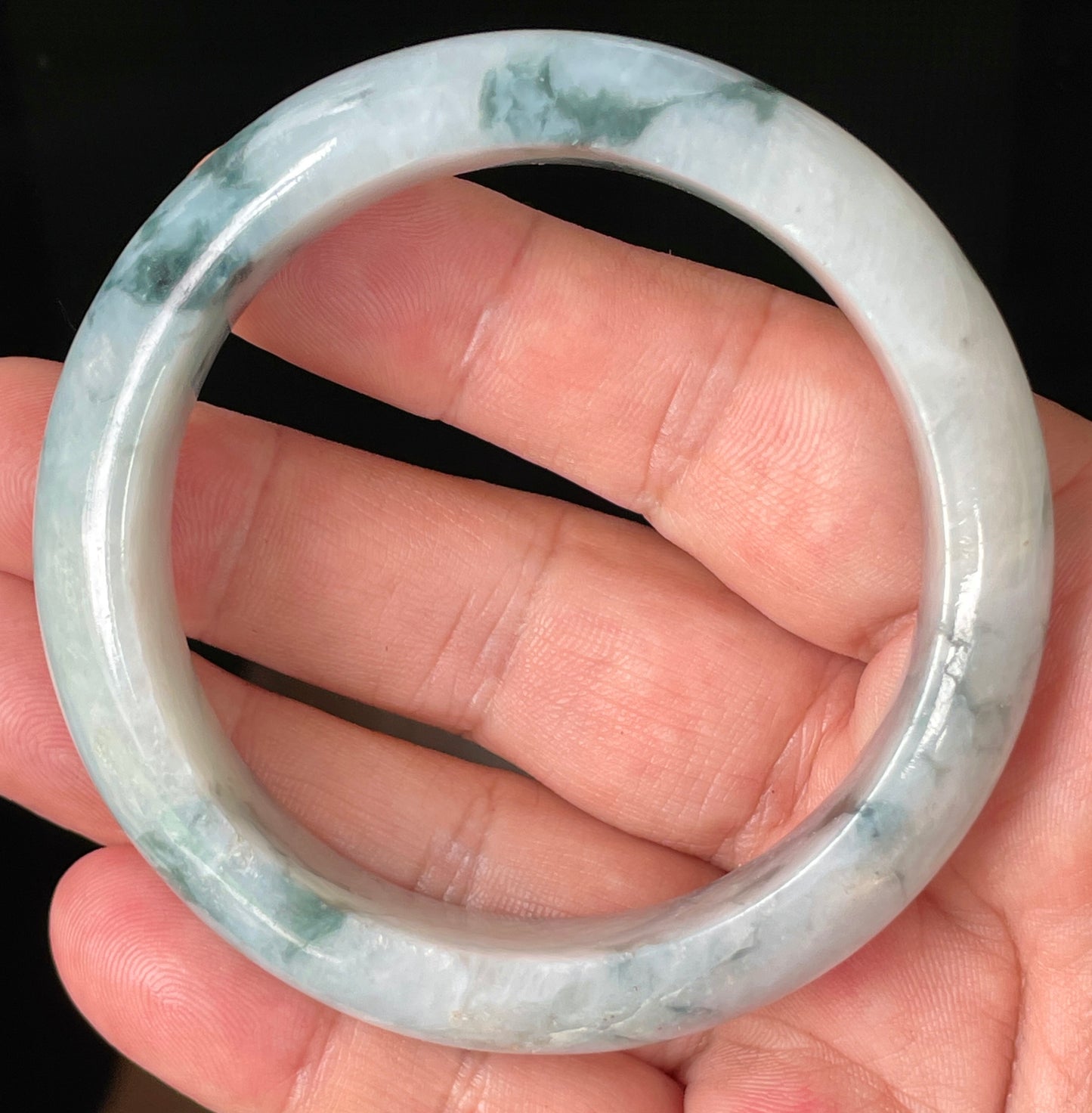 Natural Certified Burmese Jadeite Jade Bangle – Icy Milky White with Imperial & Apple Green – 58mm – JB084