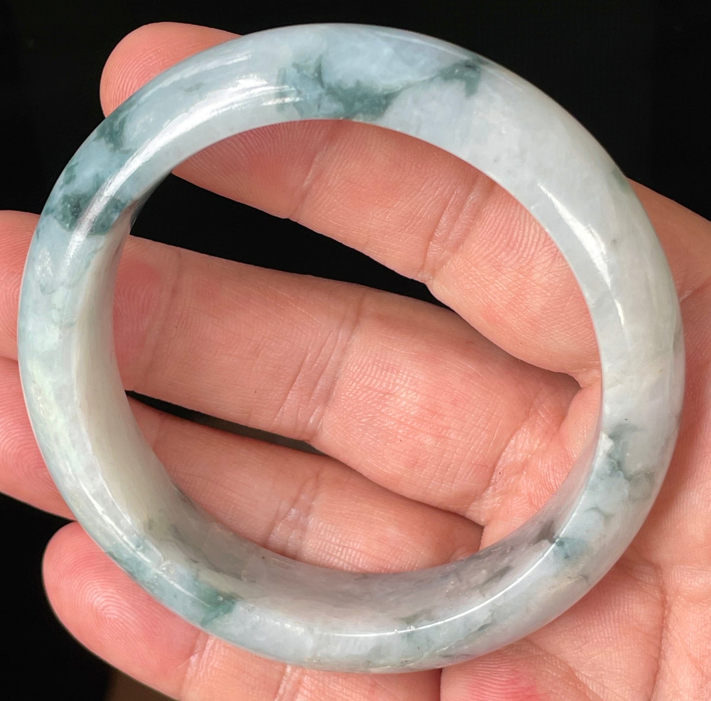 Natural Certified Burmese Jadeite Jade Bangle – Icy Milky White with Imperial & Apple Green – 58mm – JB084