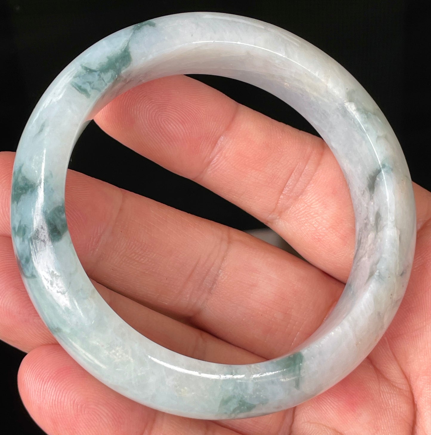 Natural Certified Burmese Jadeite Jade Bangle – Icy Milky White with Imperial & Apple Green – 58mm – JB084