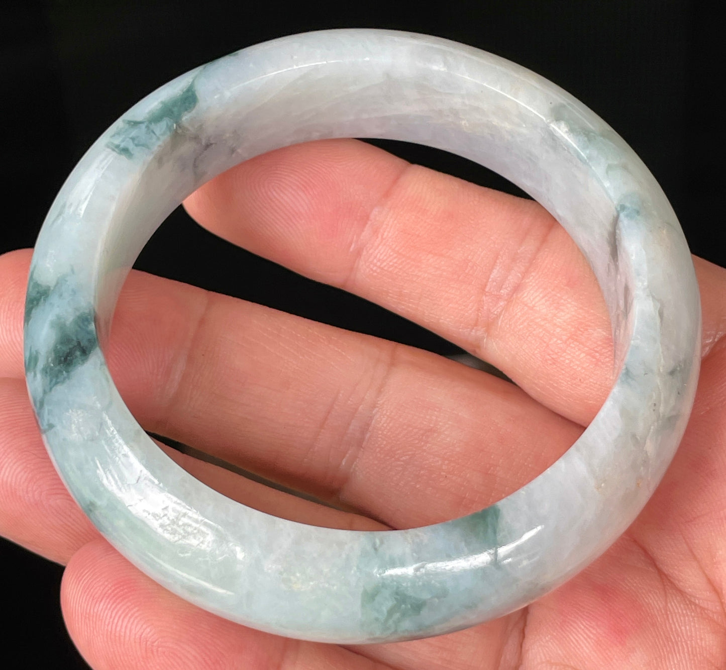 Natural Certified Burmese Jadeite Jade Bangle – Icy Milky White with Imperial & Apple Green – 58mm – JB084