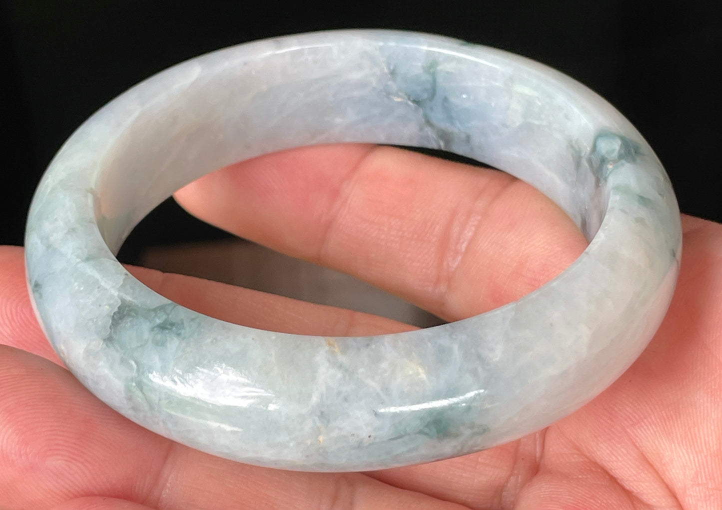 Natural Certified Burmese Jadeite Jade Bangle – Icy Milky White with Imperial & Apple Green – 58mm – JB084