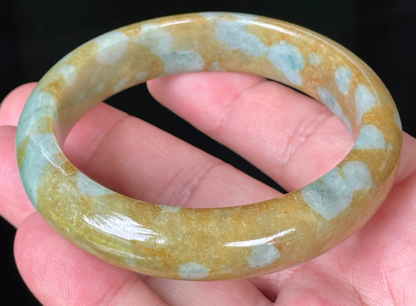 Natural Certified Burmese Jadeite Jade Bangle – Icy Honey & Brown with Bluish Milky White Hues – 58.7mm – JB071