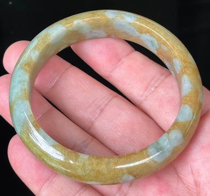 Natural Certified Burmese Jadeite Jade Bangle – Icy Honey & Brown with Bluish Milky White Hues – 58.7mm – JB071