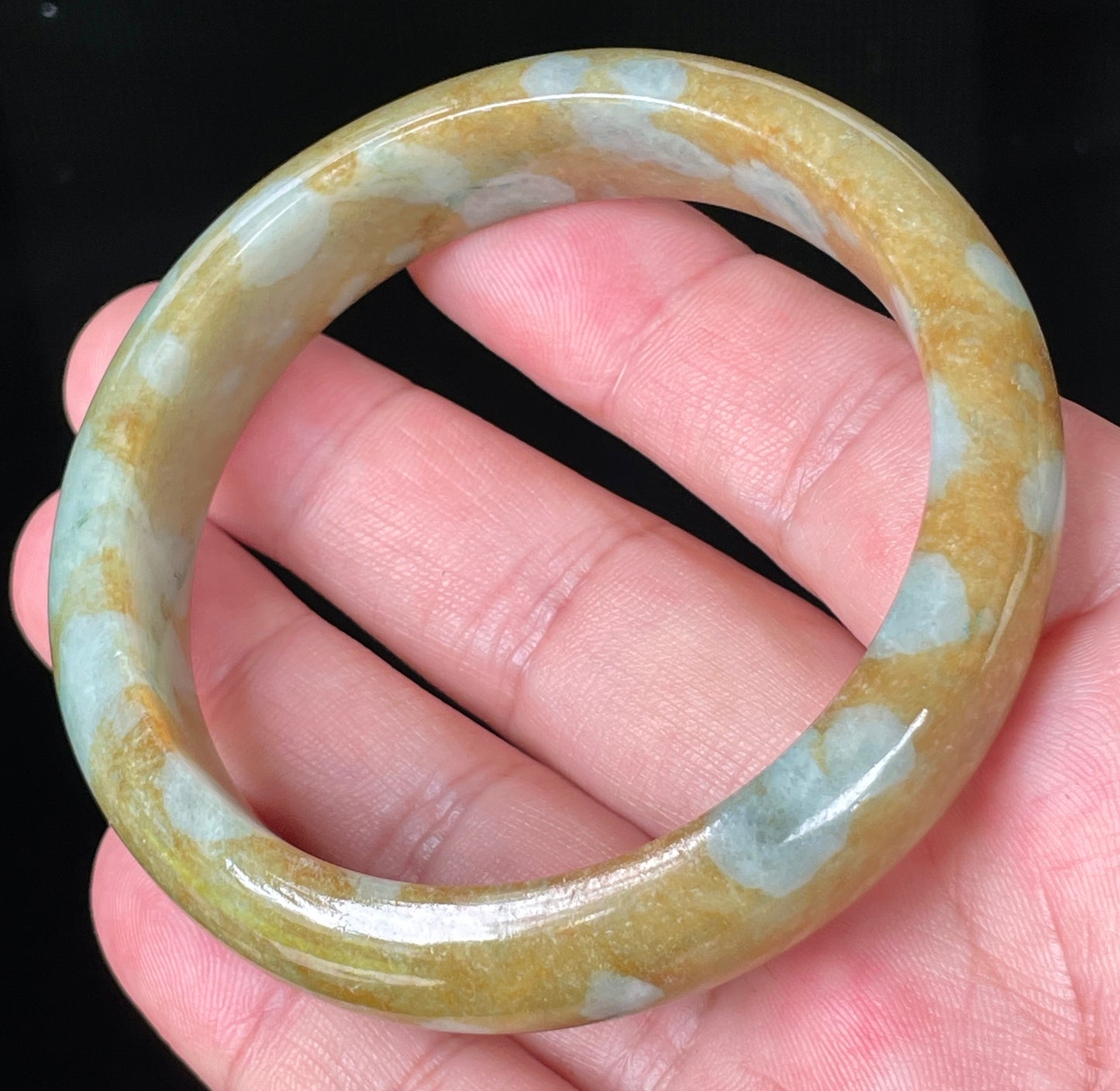 Natural Certified Burmese Jadeite Jade Bangle – Icy Honey & Brown with Bluish Milky White Hues – 58.7mm – JB071