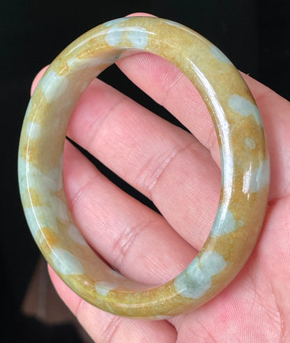 Natural Certified Burmese Jadeite Jade Bangle – Icy Honey & Brown with Bluish Milky White Hues – 58.7mm – JB071