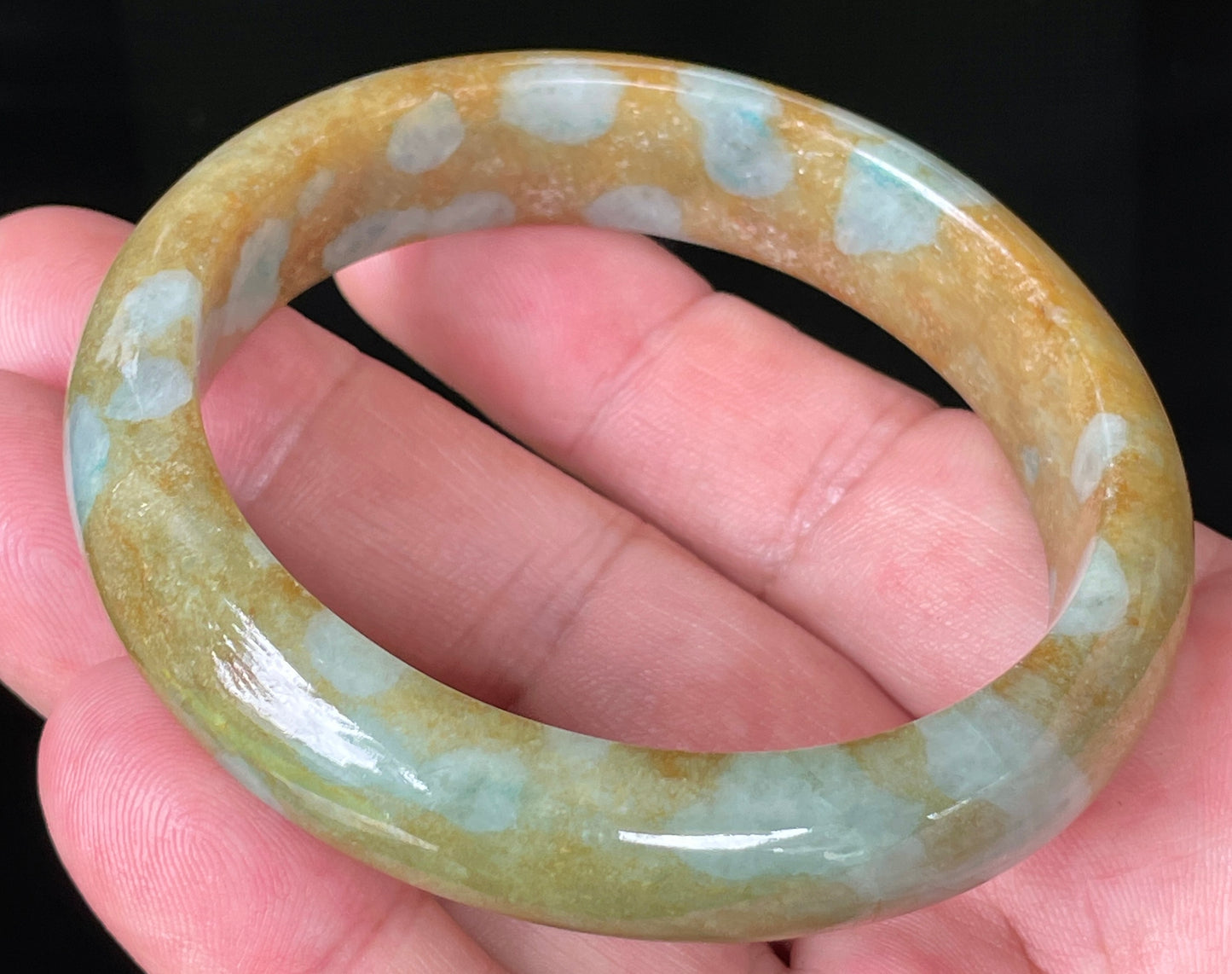 Natural Certified Burmese Jadeite Jade Bangle – Icy Honey & Brown with Bluish Milky White Hues – 58.7mm – JB071