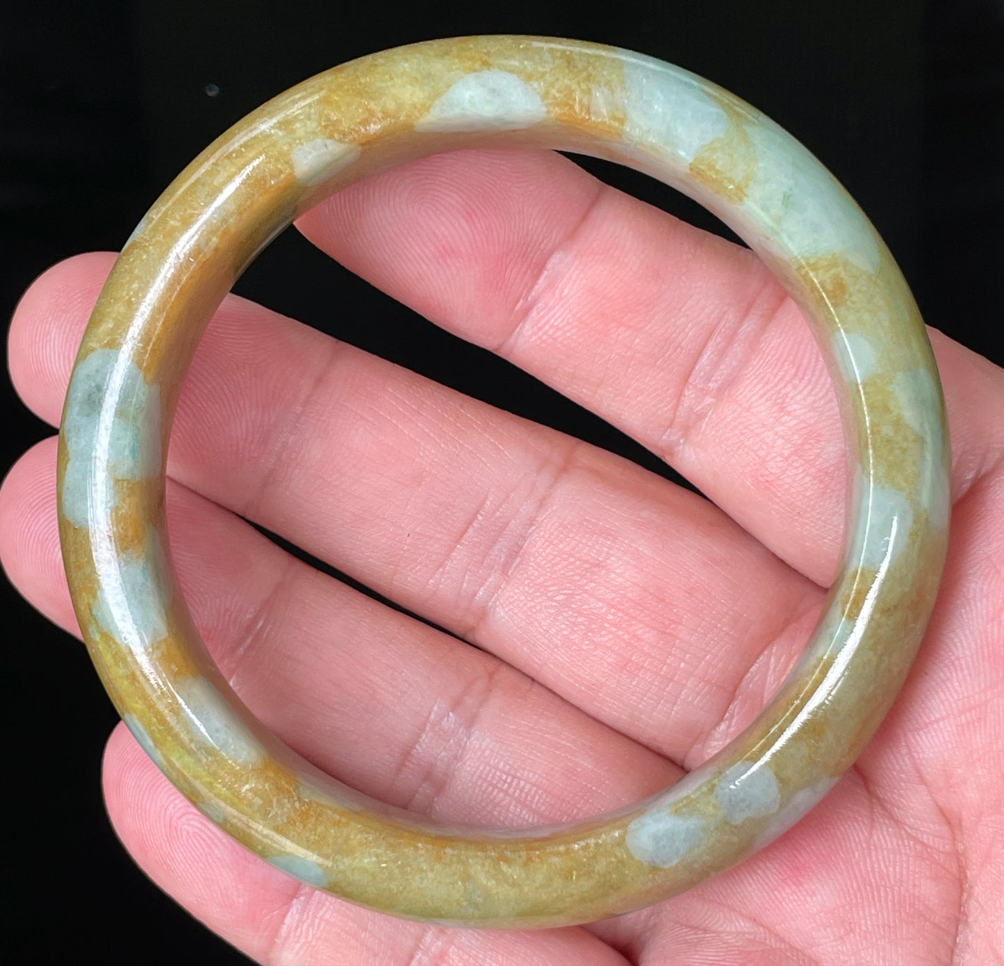 Natural Certified Burmese Jadeite Jade Bangle – Icy Honey & Brown with Bluish Milky White Hues – 58.7mm – JB071