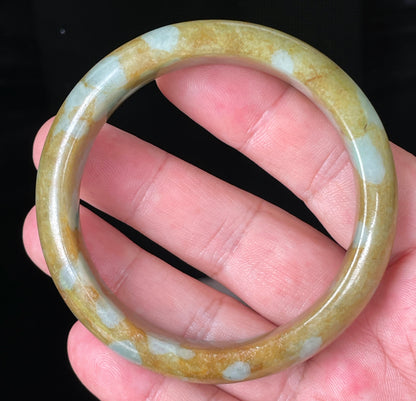 Natural Certified Burmese Jadeite Jade Bangle – Icy Honey & Brown with Bluish Milky White Hues – 58.7mm – JB071