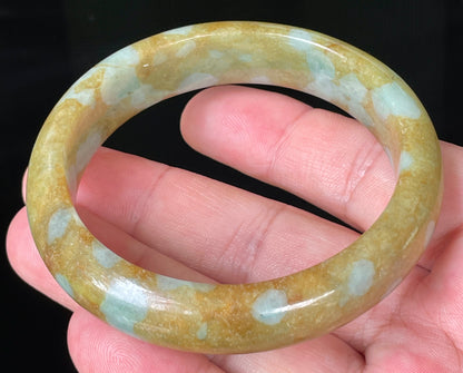 Natural Certified Burmese Jadeite Jade Bangle – Icy Honey & Brown with Bluish Milky White Hues – 58.7mm – JB071