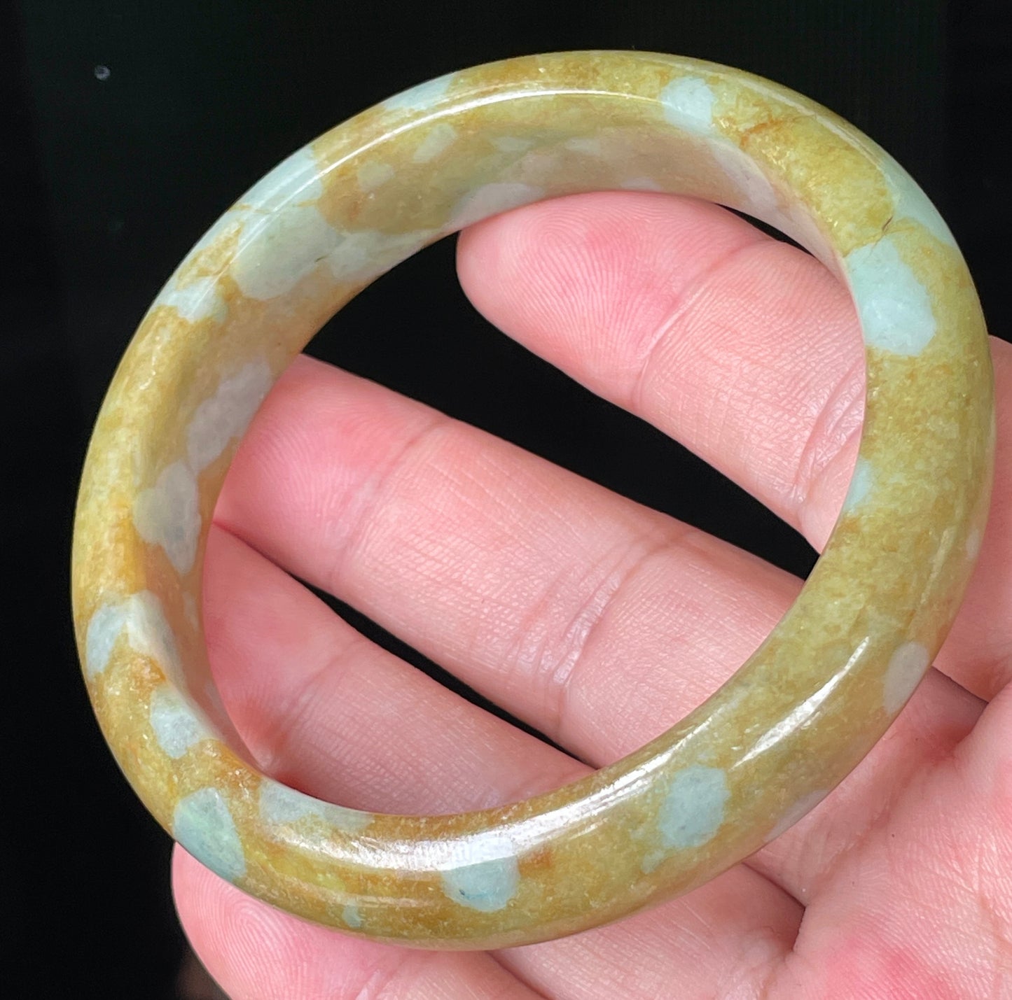 Natural Certified Burmese Jadeite Jade Bangle – Icy Honey & Brown with Bluish Milky White Hues – 58.7mm – JB071