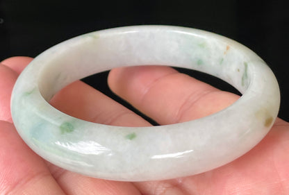 Natural Certified Burmese Jadeite Jade Bangle – Icy Greyish Milky White with Imperial Green & Honey Hues – 56.8mm – JB072
