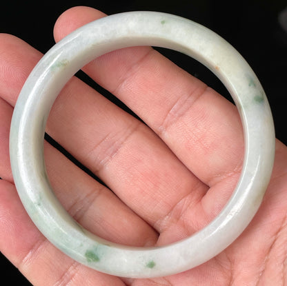 Natural Certified Burmese Jadeite Jade Bangle – Icy Greyish Milky White with Imperial Green & Honey Hues – 56.8mm – JB072