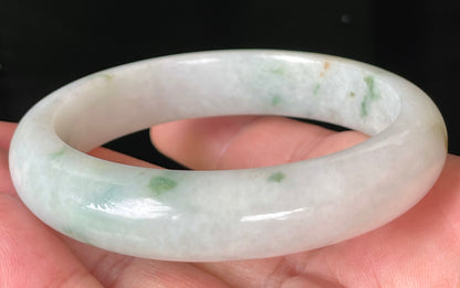 Natural Certified Burmese Jadeite Jade Bangle – Icy Greyish Milky White with Imperial Green & Honey Hues – 56.8mm – JB072