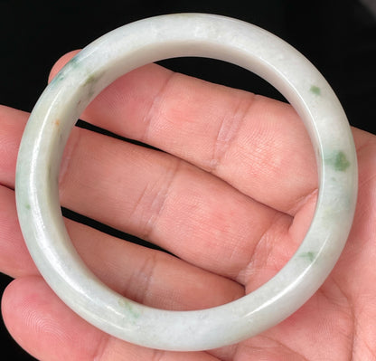Natural Certified Burmese Jadeite Jade Bangle – Icy Greyish Milky White with Imperial Green & Honey Hues – 56.8mm – JB072